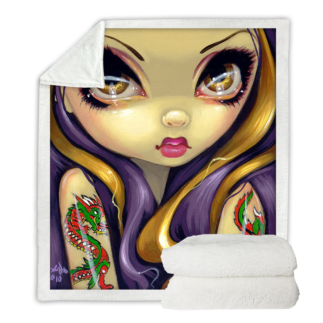 Faces of Faery _107 Cool Girl With Dragon Tattoo Sherpa Blanket