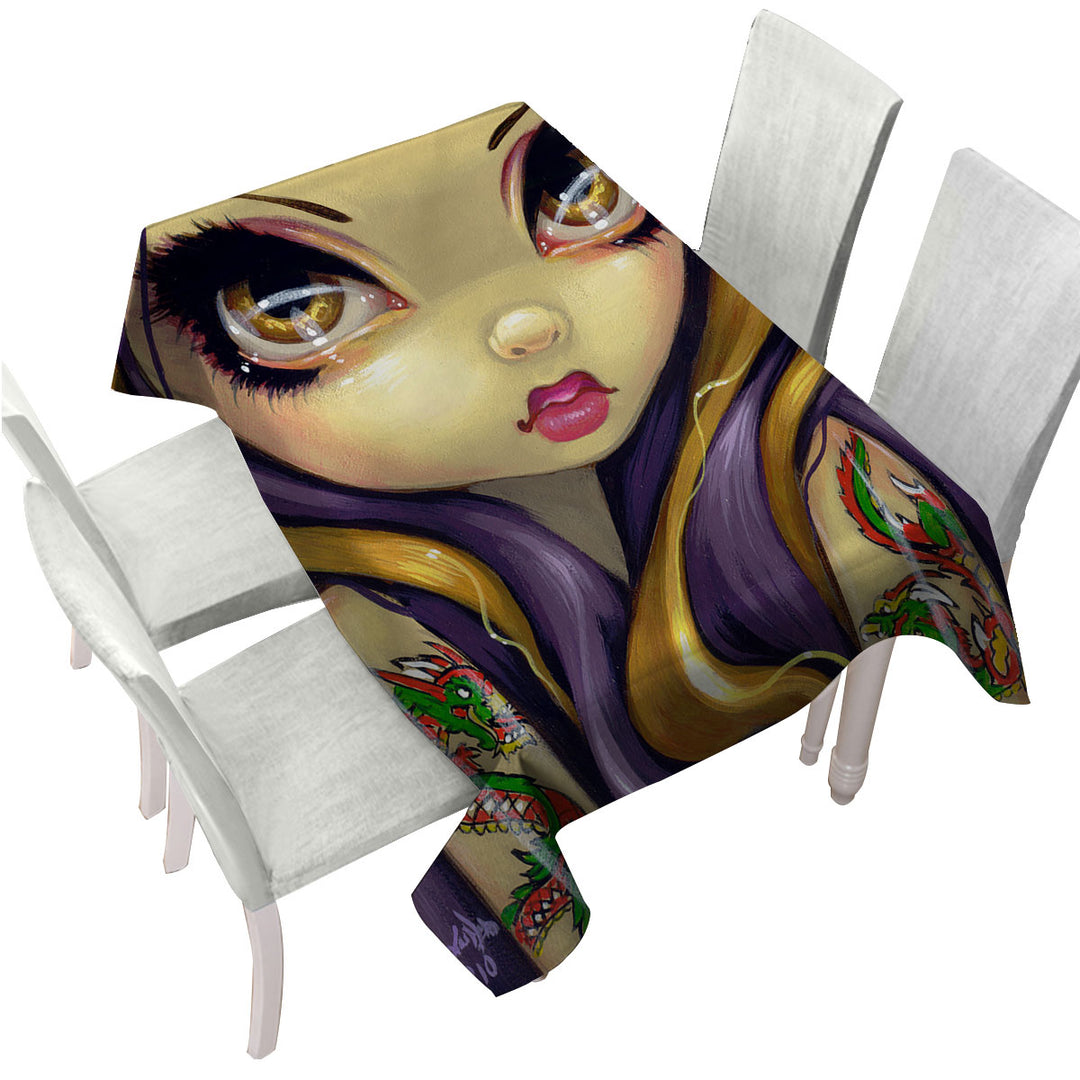 Faces of Faery _107 Cool Girl With Dragon Tattoo Tablecloth