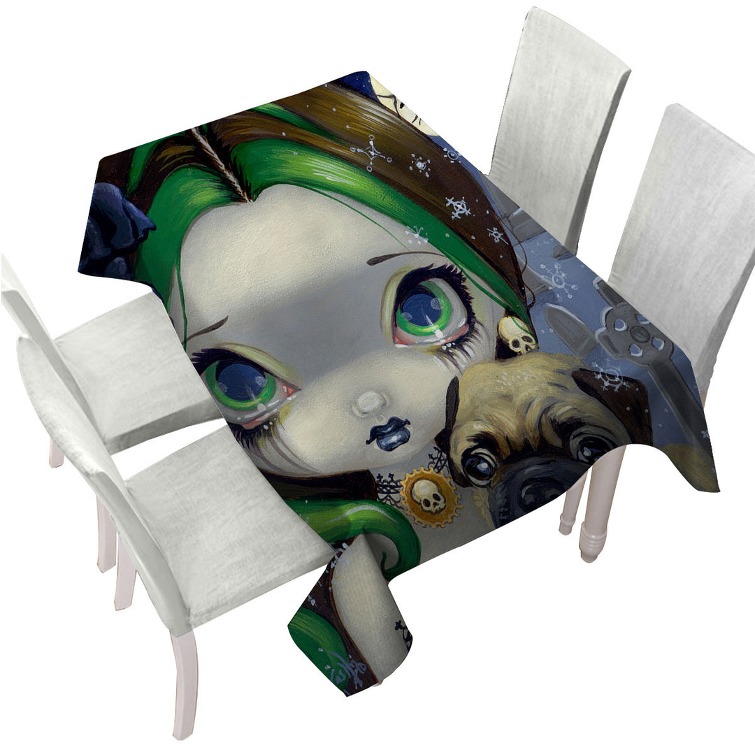 Faces of Faery _145 Cemetery Goth Girl and Pug Dog Printed Tablecloth
