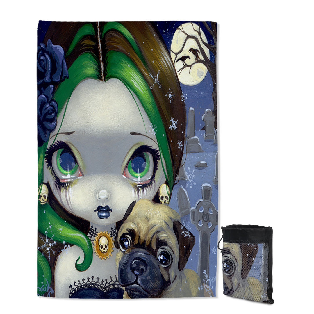 Faces of Faery _145 Cemetery Goth Girl and Pug Travel Beach Towel