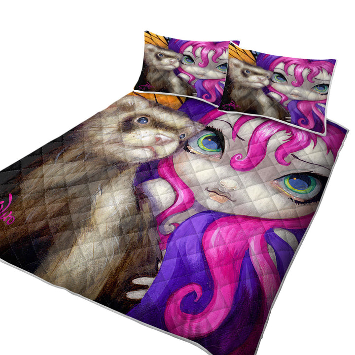 Faces of Faery _154 Purplish Girl With Her Ferret Quilts for Beds