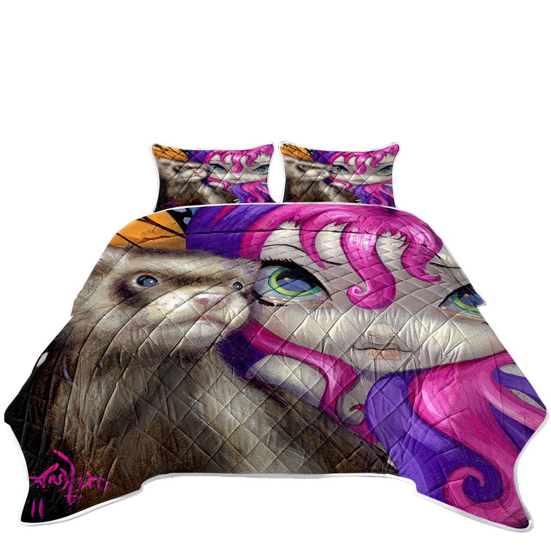 Faces of Faery _154 Purplish Girl With Her Ferret Twin Quilt