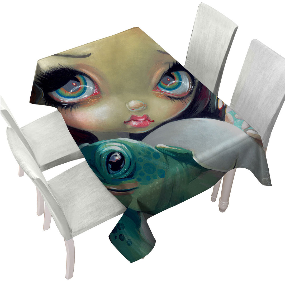 Faces of Faery _164 Cute Girl with Baby Turtle Tablecloths