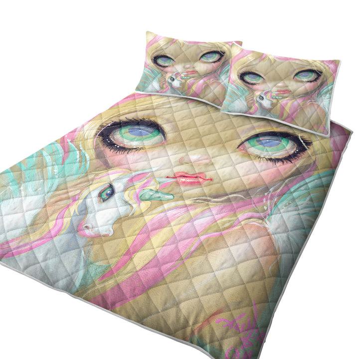 Faces of Faery _178 Big Eyed Pinkish Girl Unicorn Quilt