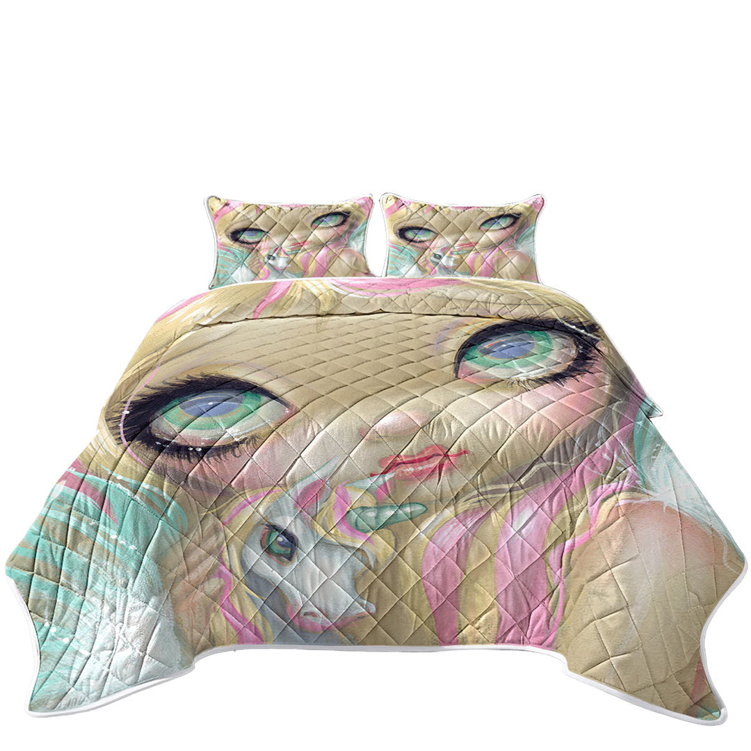 Faces of Faery _178 Big Eyed Pinkish Girl Unicorn Quilts