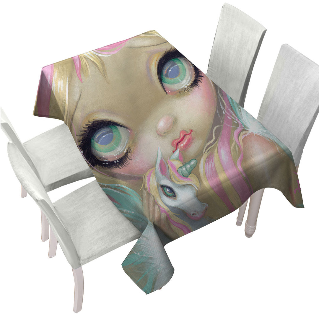 Faces of Faery _178 Big Eyed Pinkish Girl Unicorn Tablecloths