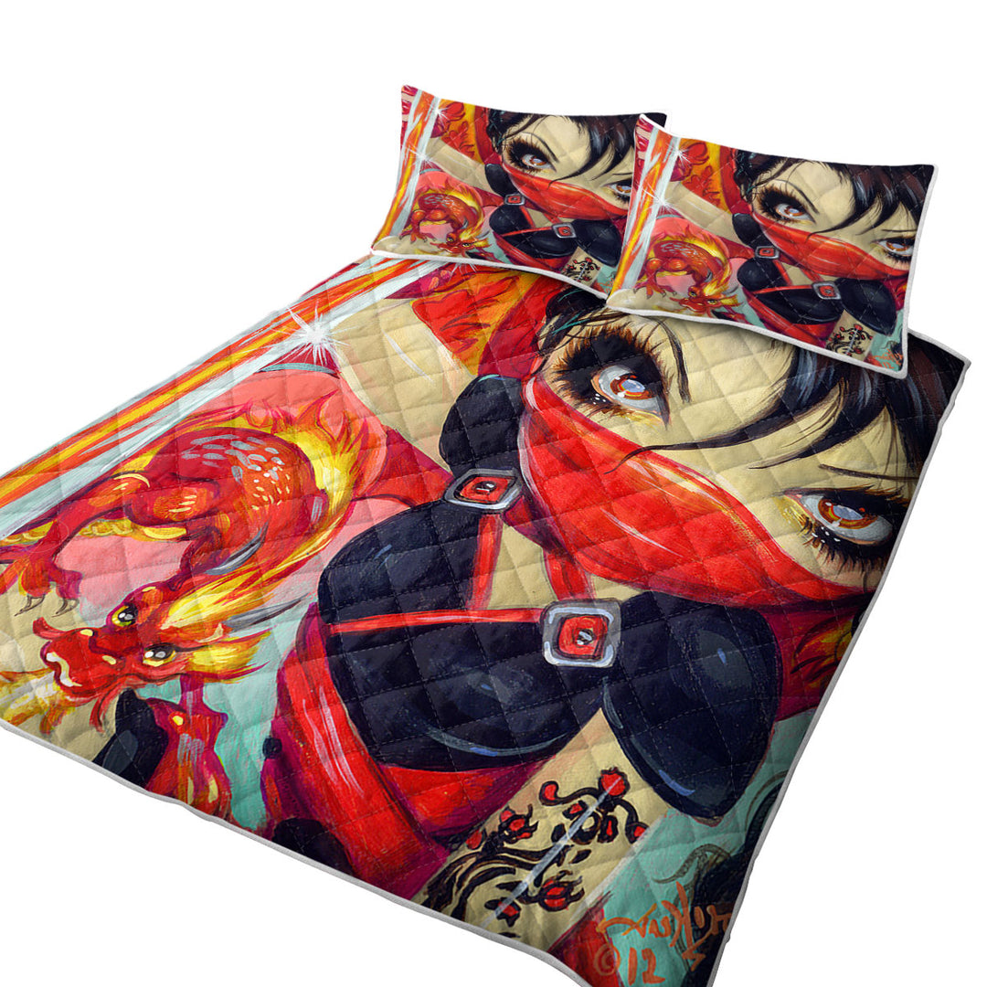 Faces of Faery _185 Ninja Girl and Fire Dragon Coverlet