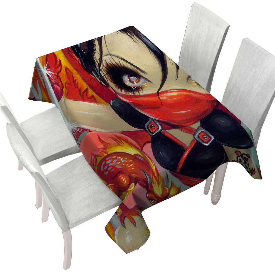 Faces of Faery _185 Ninja Girl and Fire Dragon Custom table cloth