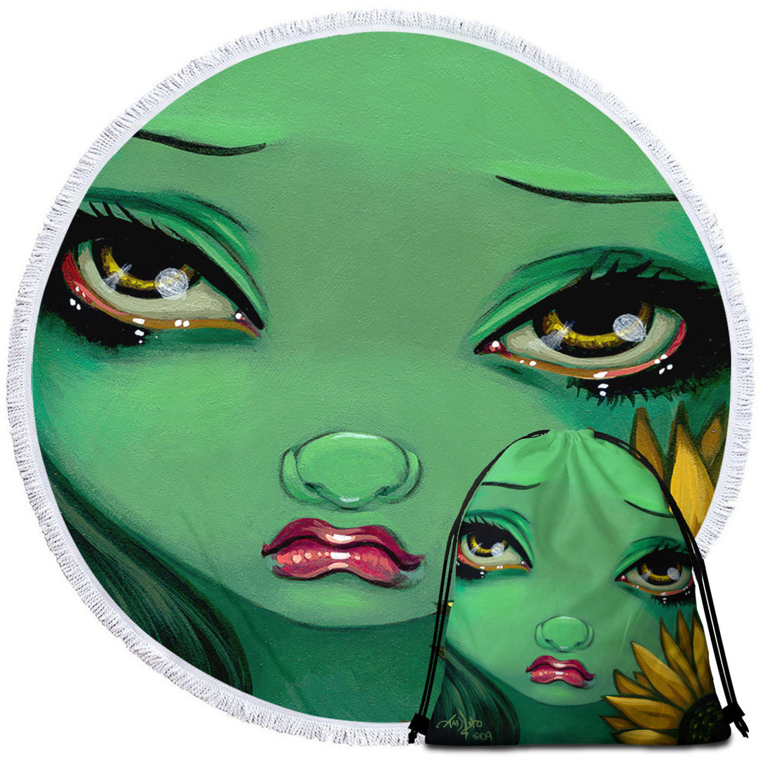 Faces of Faery _19 Green Girl with Sunflower Round Beach Towel