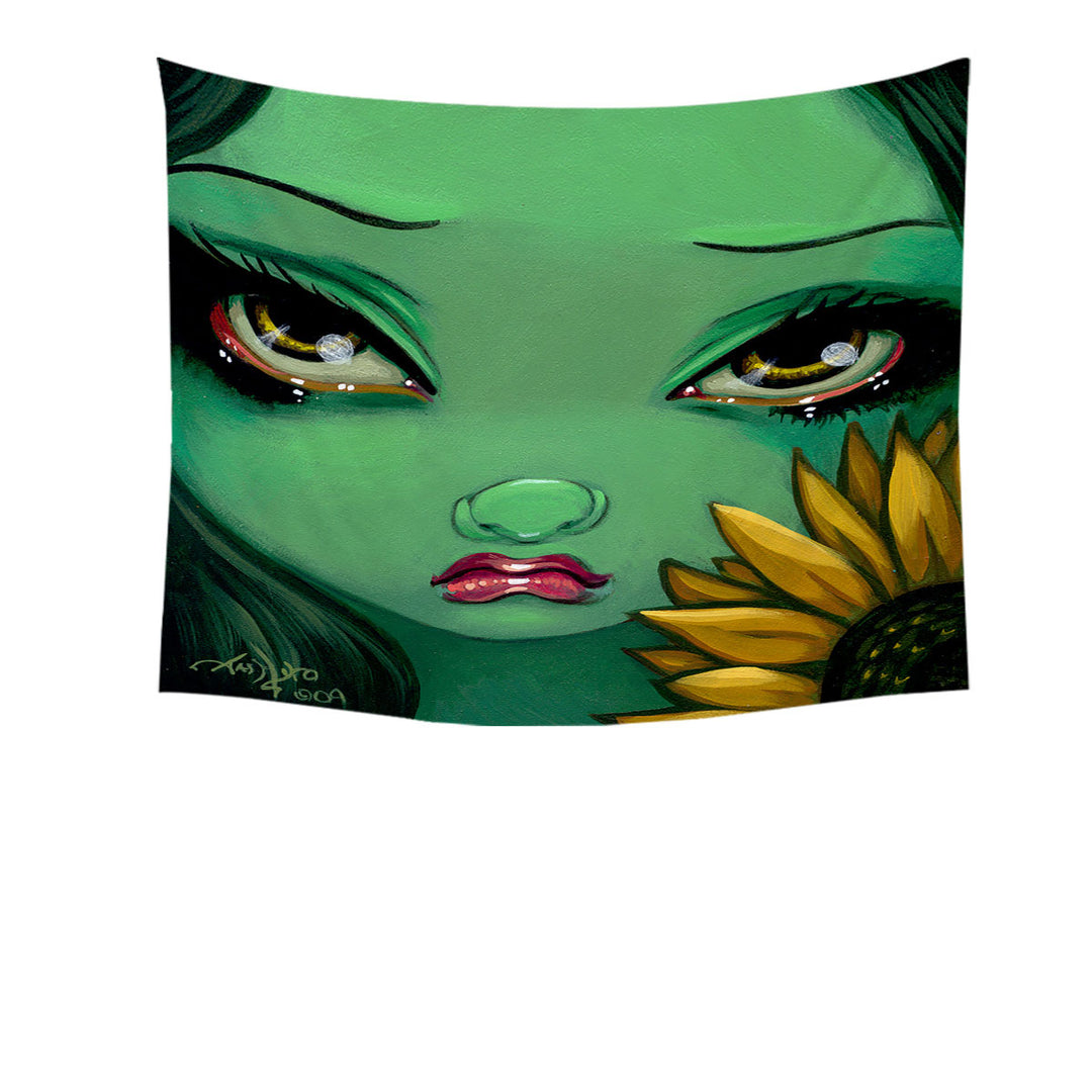 Faces of Faery _19 Green Girl with Sunflower Tapestry