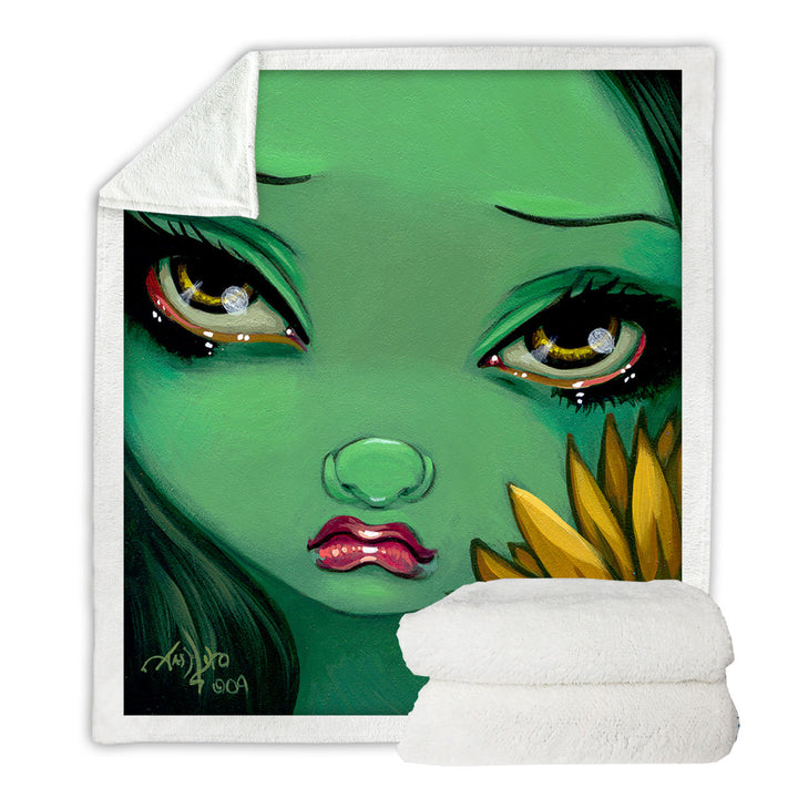 Faces of Faery _19 Green Girl with Sunflower Throw Blanket