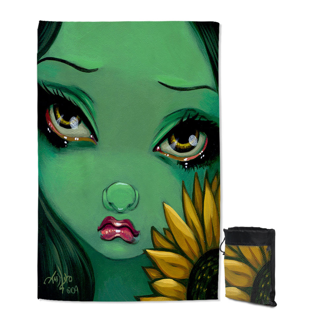 Faces of Faery _19 Green Girl with Sunflower Unusual Beach Towels for Travel