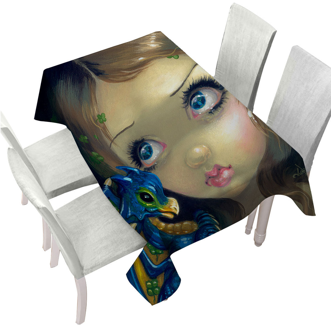 Faces of Faery _190 Clover Girl and Dragonling Printed Tablecloth