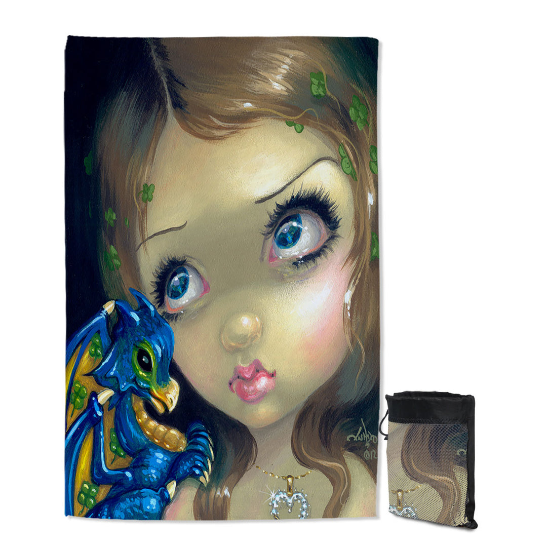 Faces of Faery _190 Clover Girl and Dragonling Travel Beach Towel
