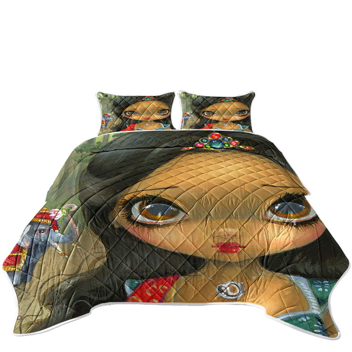 Faces of Faery _192 Indian Princess Girl and Elephant King Size Quilt Sets