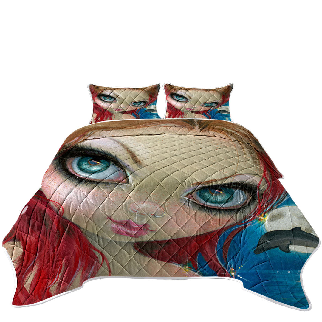 Faces of Faery _222 Cool Redhead Girl and Dolphin Quilt