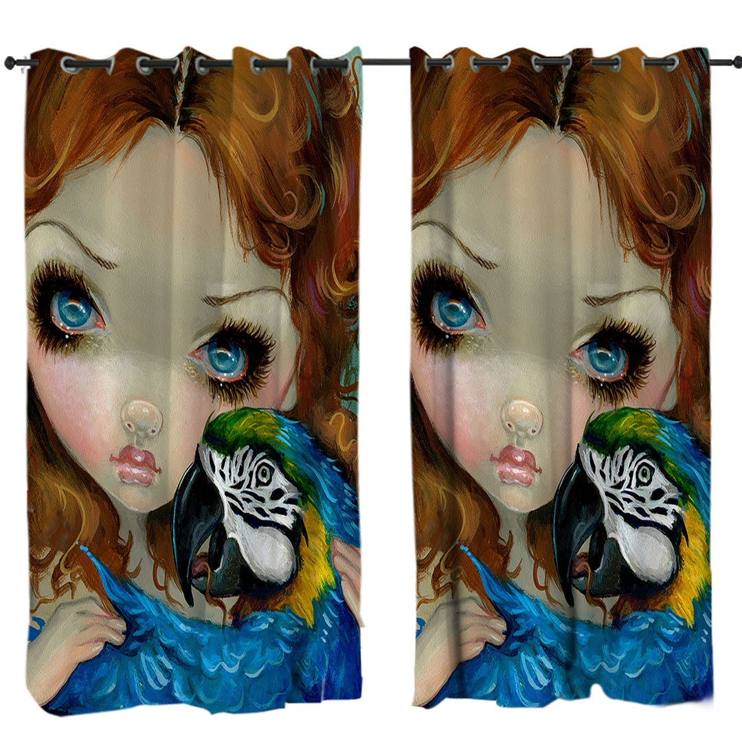 Faces of Faery _223 Redhead Girl with Macaw Parrot Curtains