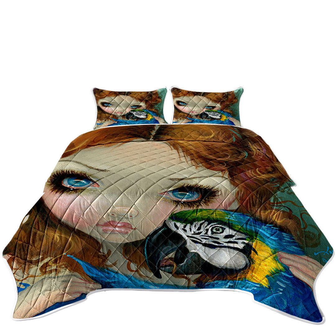 Faces of Faery _223 Redhead Girl with Macaw Parrot Quilts