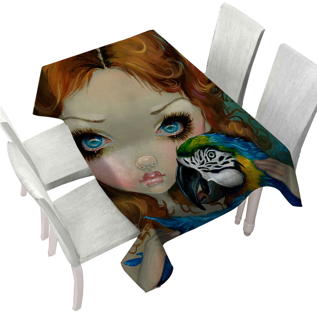 Faces of Faery _223 Redhead Girl with Macaw Parrot Tablecloths
