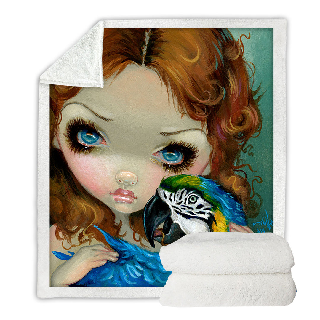 Faces of Faery _223 Redhead Girl with Macaw Parrot Throw Blanket