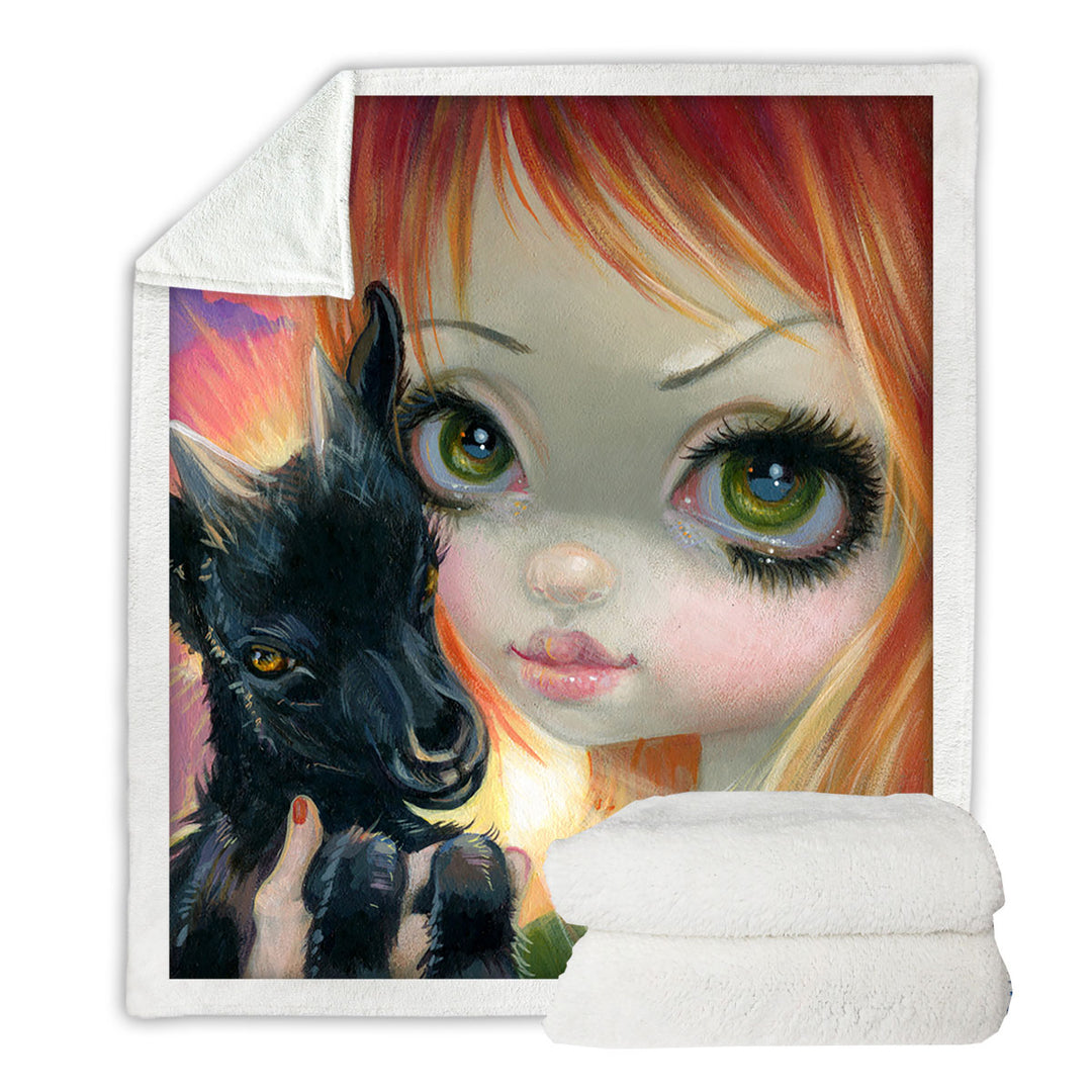 Faces of Faery _224 Sunset Girl with Her Baby Goat Fleece Blankets