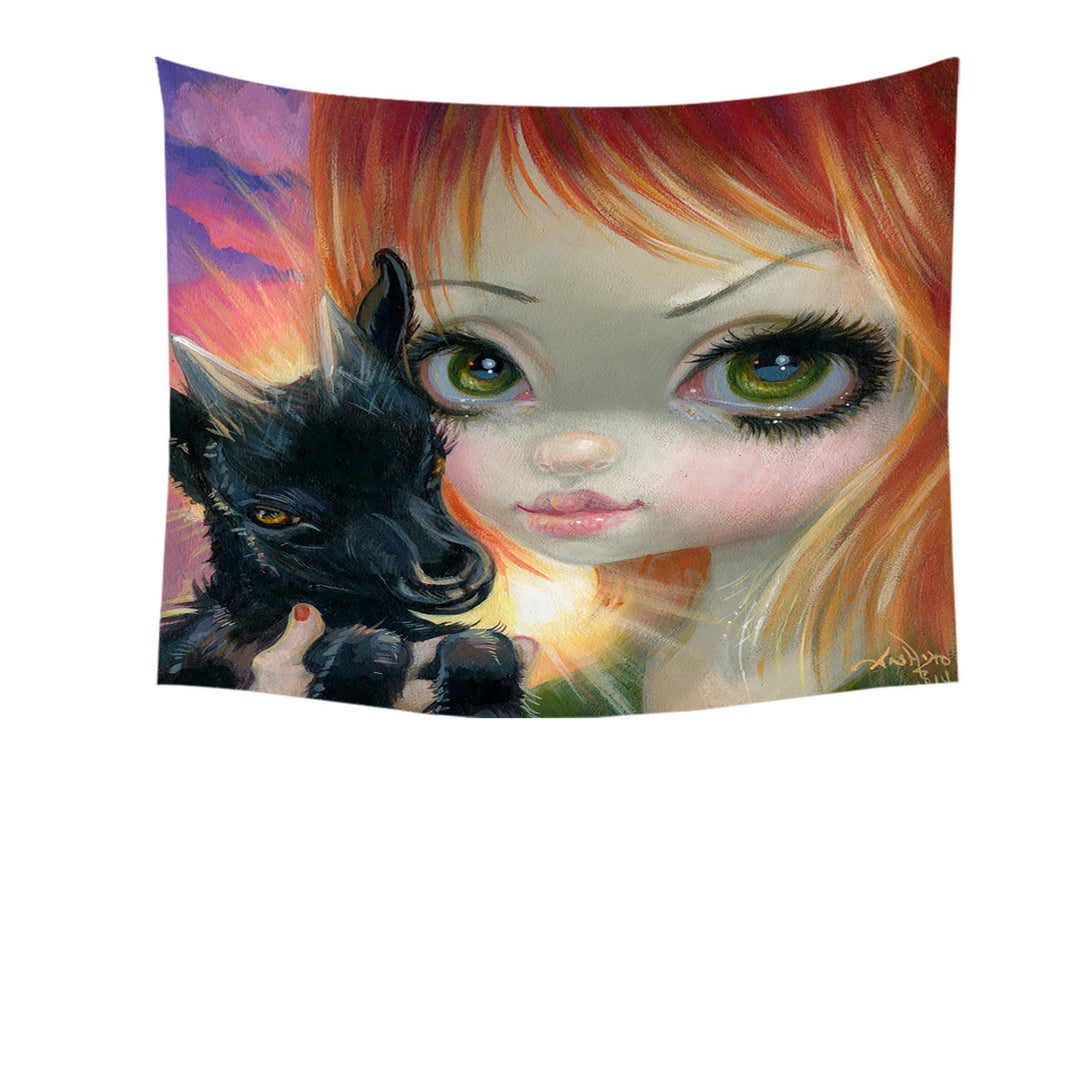 Faces of Faery _224 Sunset Girl with Her Baby Goat Tapestry
