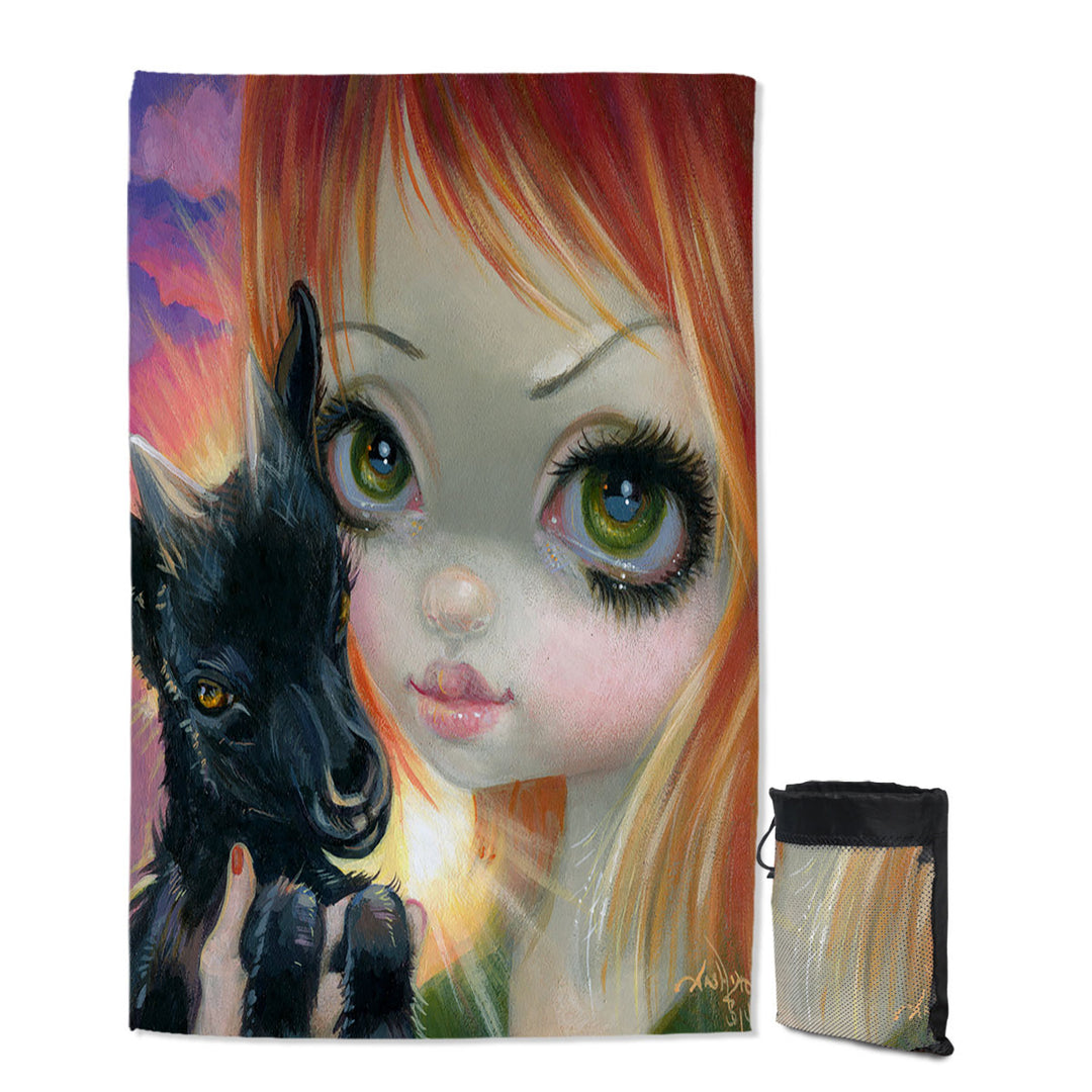 Faces of Faery _224 Sunset Girl with Her Baby Goat Travel Beach Towel