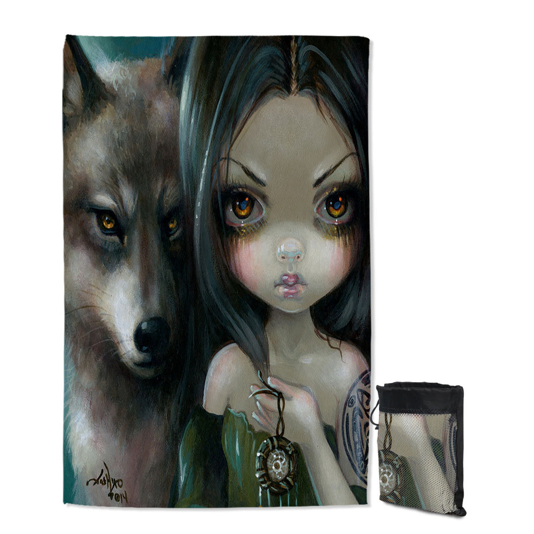 Faces of Faery _226 Native Goth Girl with Her Wolf Beach Towels