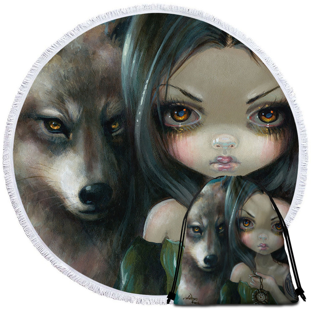 Faces of Faery _226 Native Goth Girl with Her Wolf Round Beach Towel