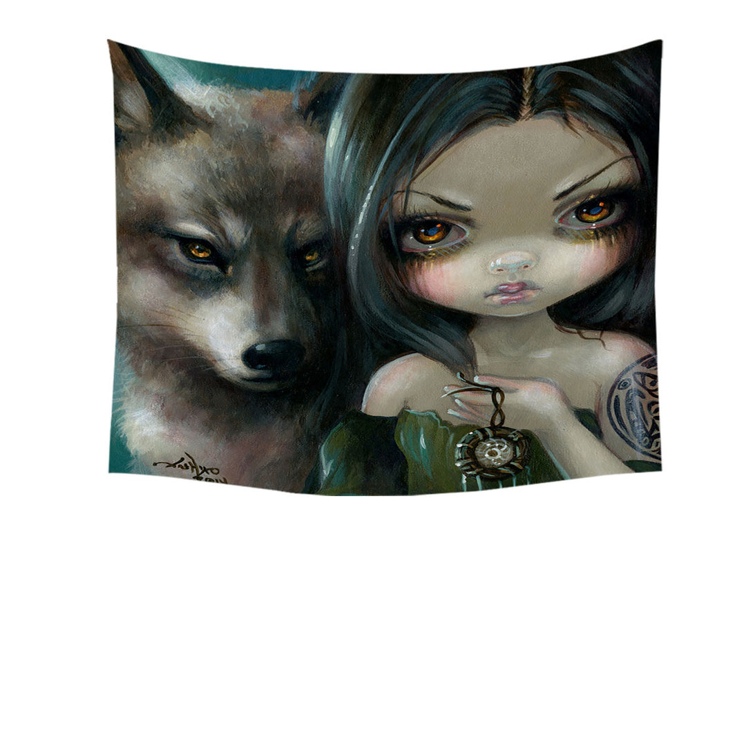 Faces of Faery _226 Native Goth Girl with Her Wolf Tapestry Wall Hanging Fabric