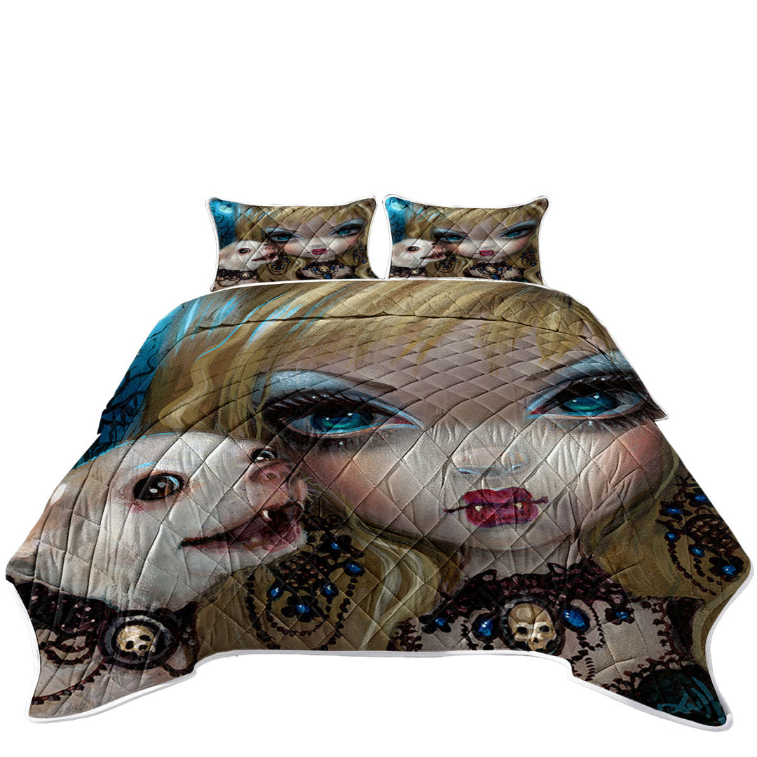 Faces of Faery _235 Gothic Vampire Girl and Her Dog Coverlet