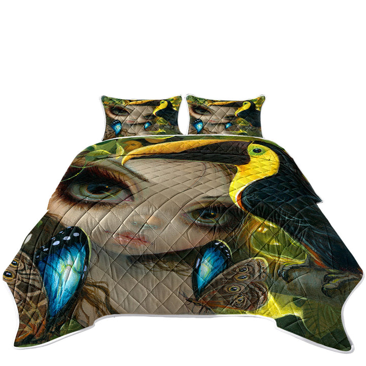 Faces of Faery _236 Tropical Girl and Her Toucan Coverlets