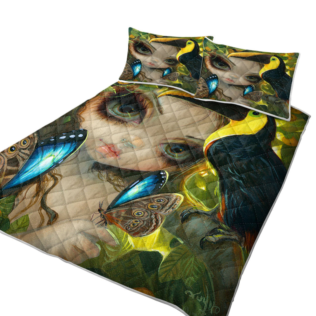 Faces of Faery _236 Tropical Girl and Her Toucan King Size Quilt Sets