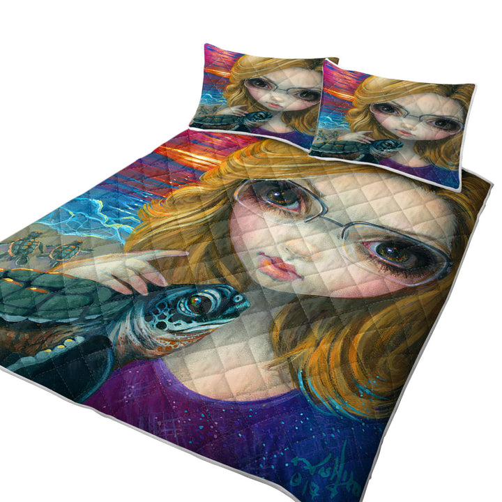 Faces of Faery _237 Glasses Girl and Sunset Turtles California King Quilt Sets