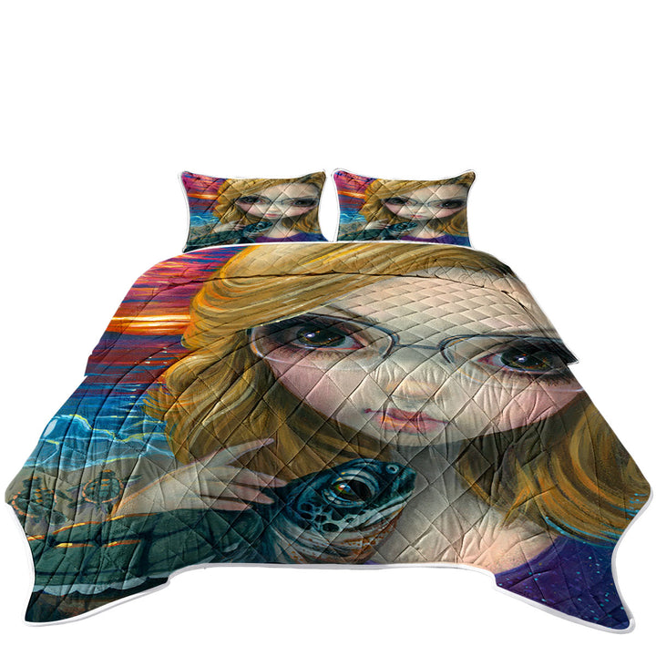 Faces of Faery _237 Glasses Girl and Sunset Turtles King Size Quilt Sets
