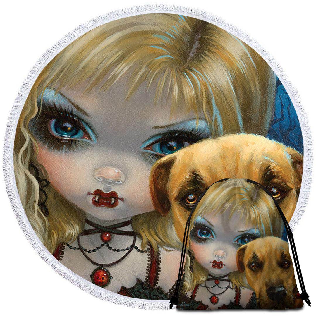 Faces of Faery _241 Dog with Gothic Vampire Girl Beach Towels