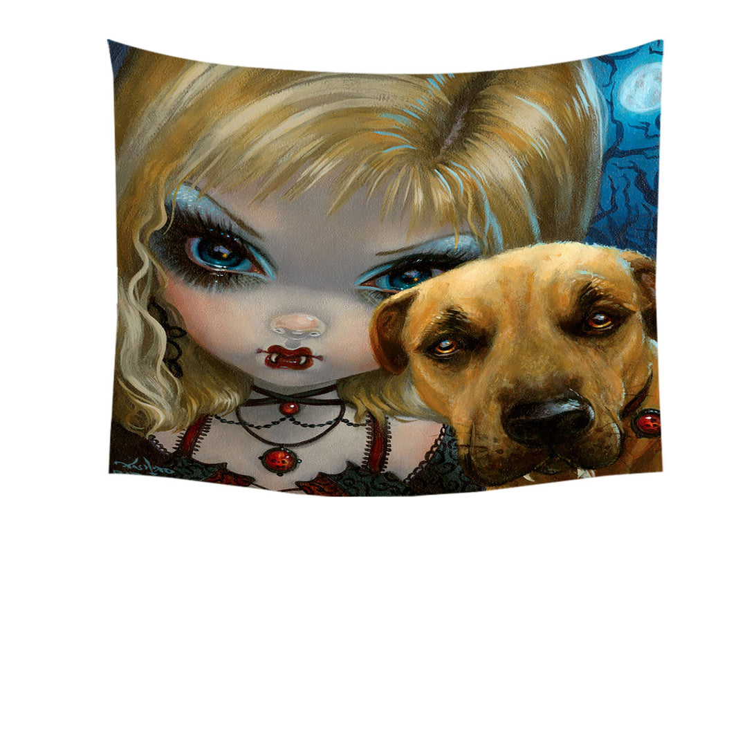 Faces of Faery _241 Dog with Gothic Vampire Girl Tapestry Wall Hanging