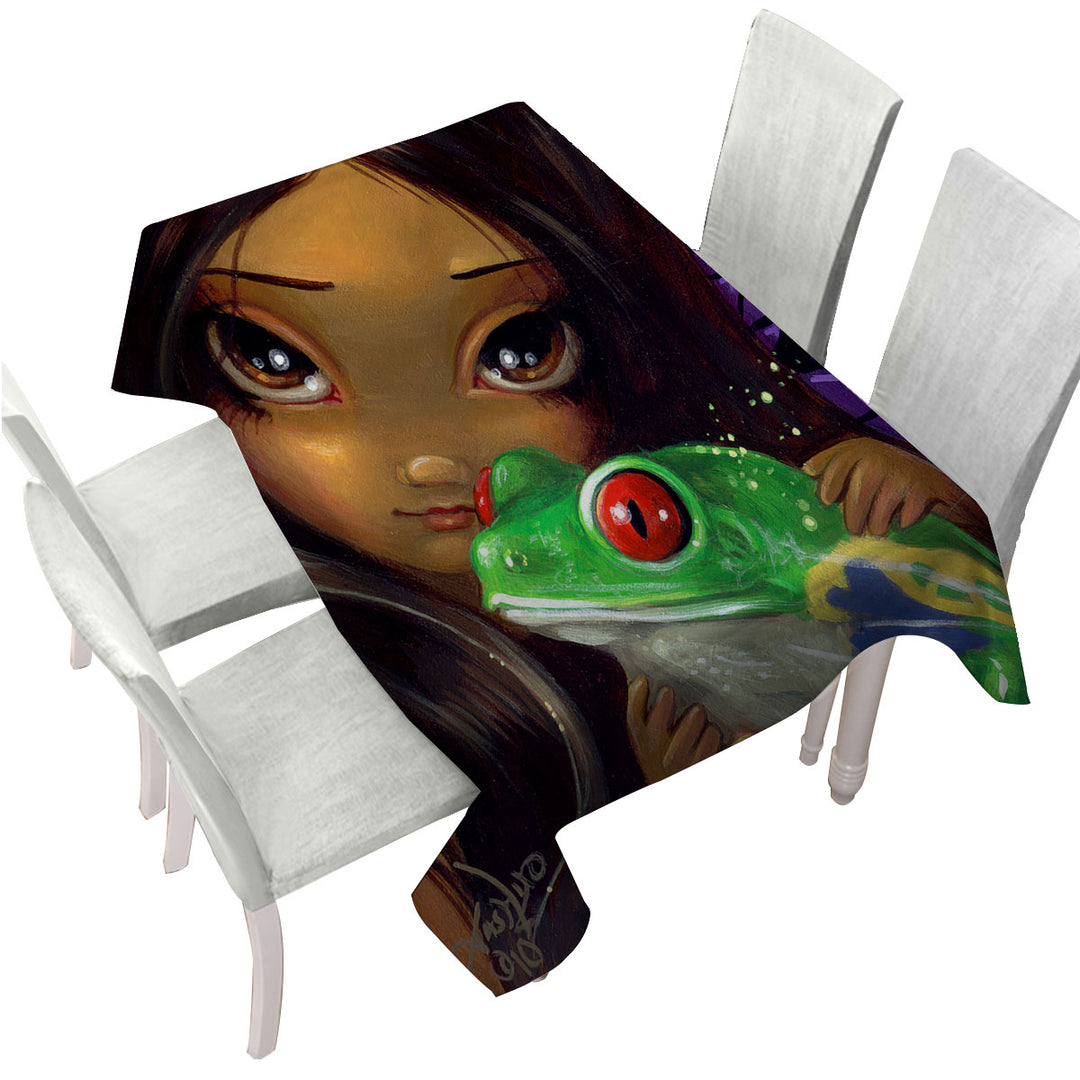 Faces of Faery _93 Beautiful Tropical Girl and Frog Printed Tablecloth