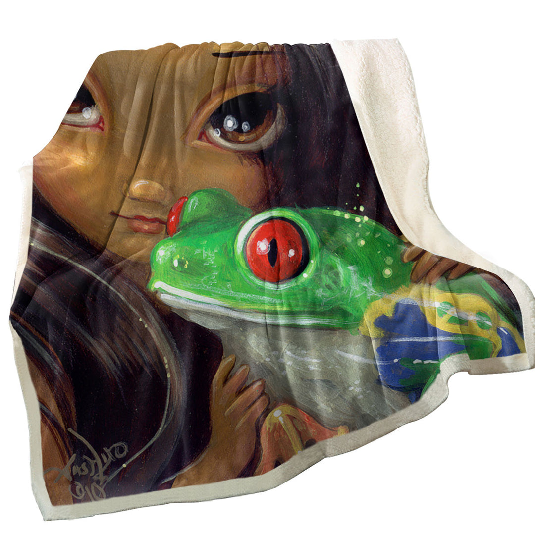 Faces of Faery _93 Beautiful Tropical Girl and Frog Throw Blanket