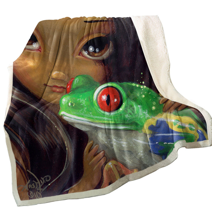 Faces of Faery _93 Beautiful Tropical Girl and Frog Throw Blanket