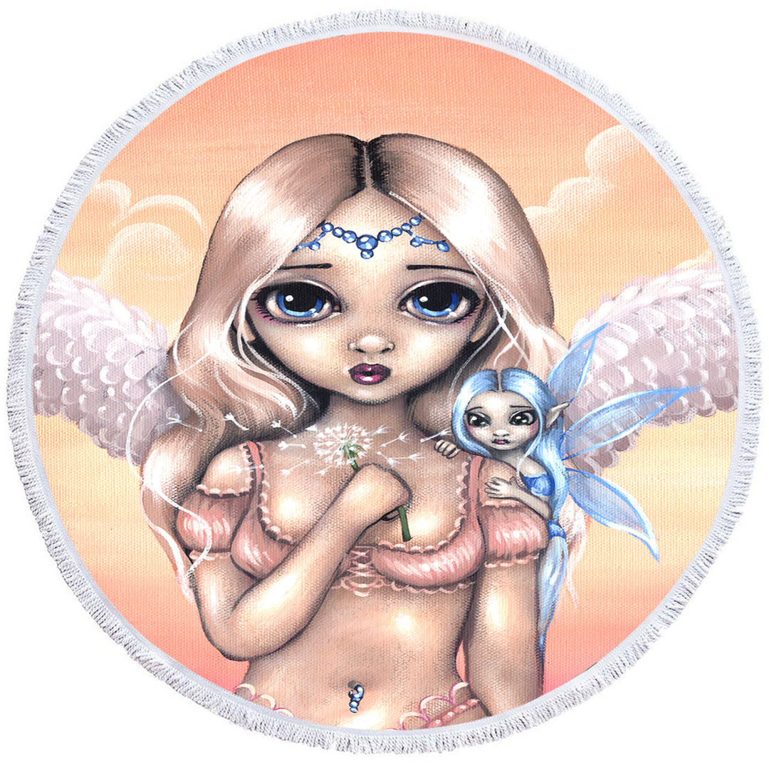 Fairy Round Beach Towel Making a Wish Angelic Fairy and her Pixie Friend