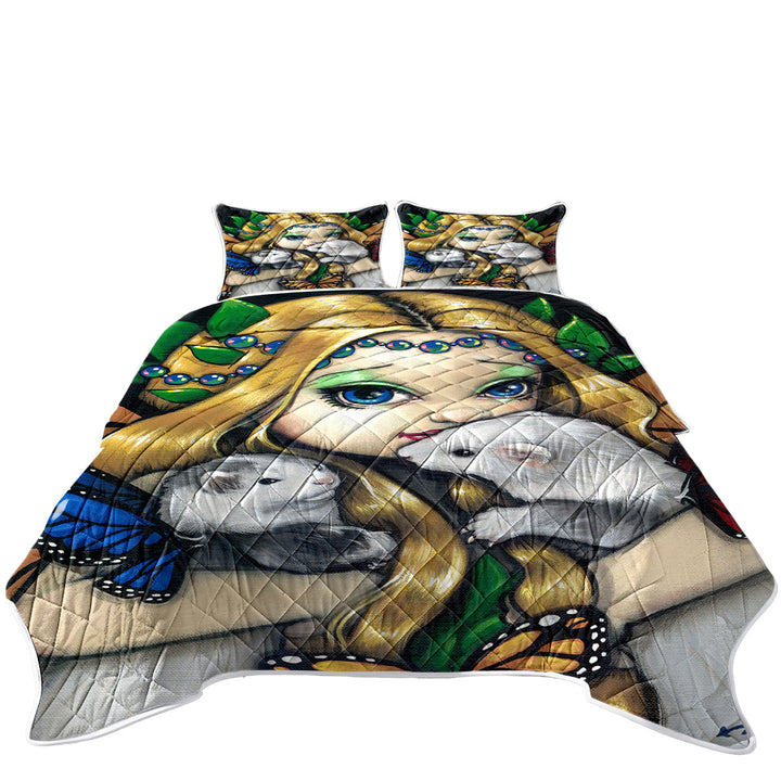 Fairy with Two Magical Ferrets with Butterfly Wings Coverlets