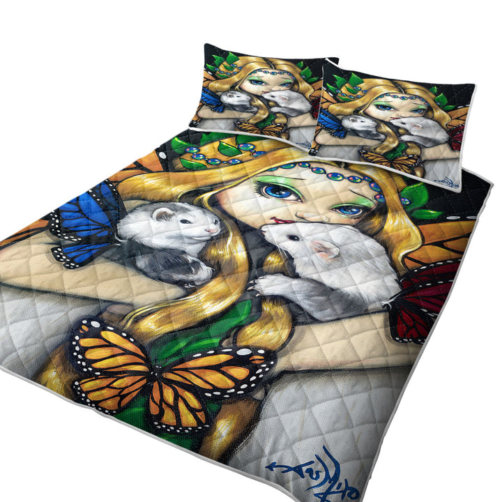 Fairy with Two Magical Ferrets with Butterfly Wings King Size Quilt Sets