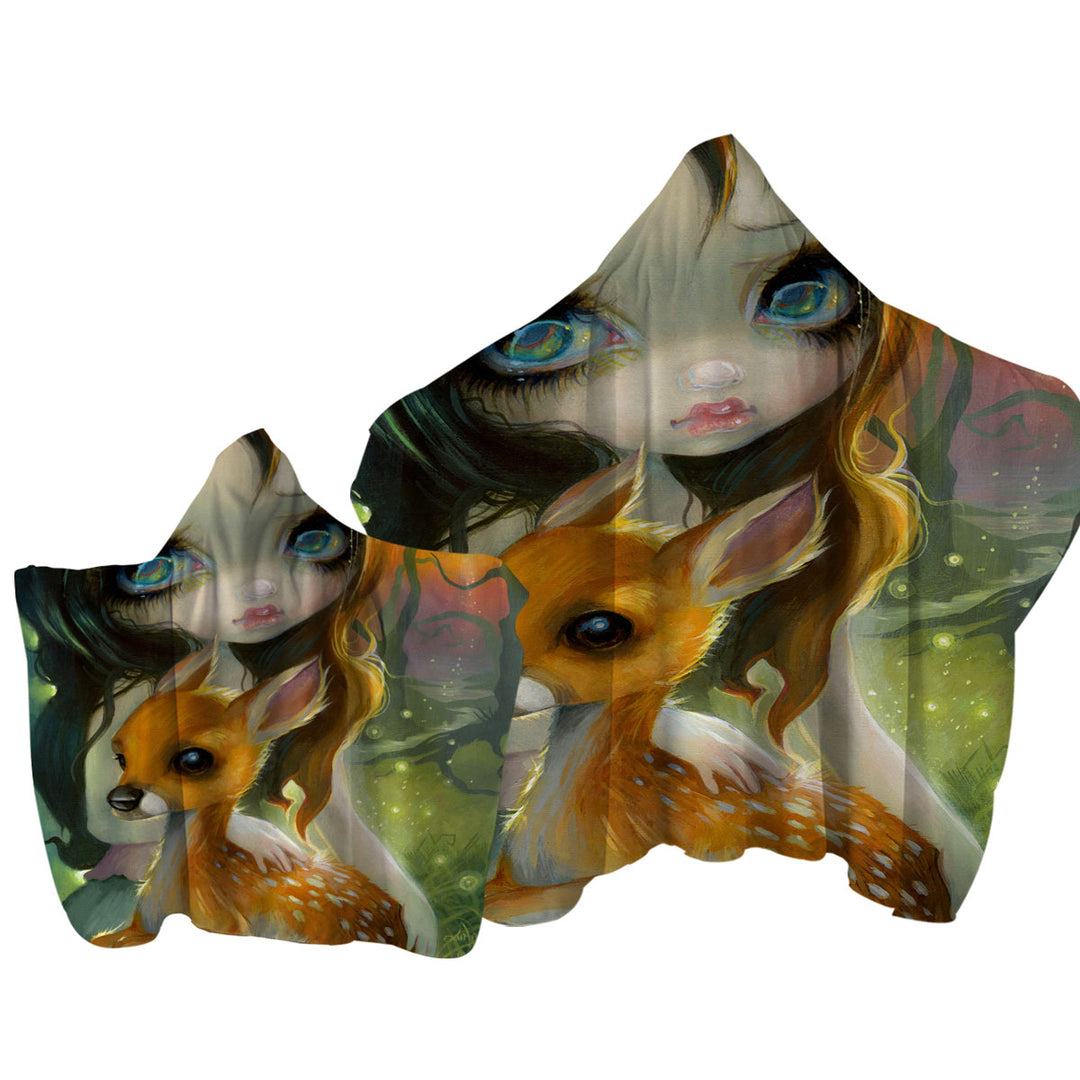Fairytale Art Brother and Sister Deer and Girl Towel with Hood