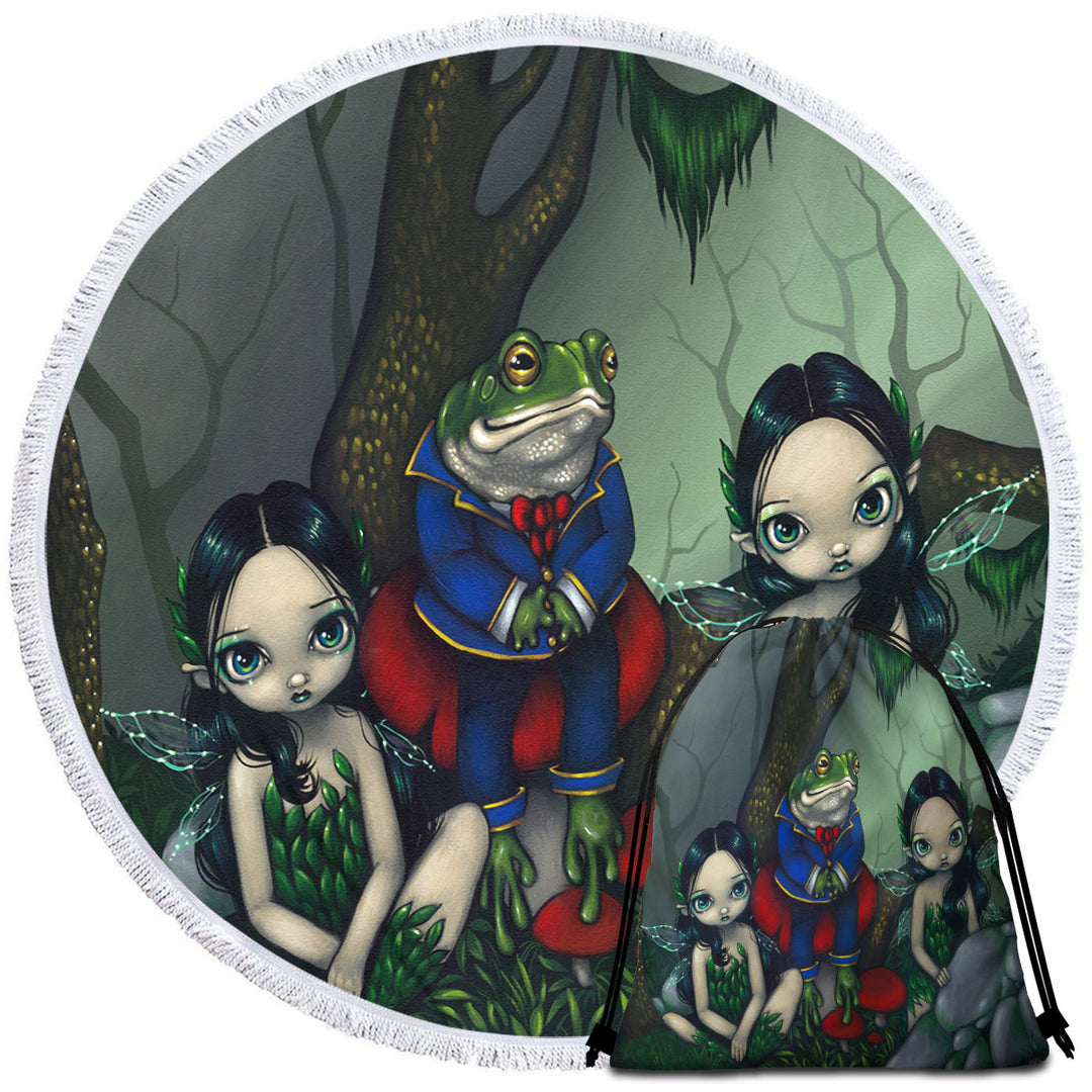 Fairytale Circle Beach Towel the Handsome Frog and Two Cute Fairies