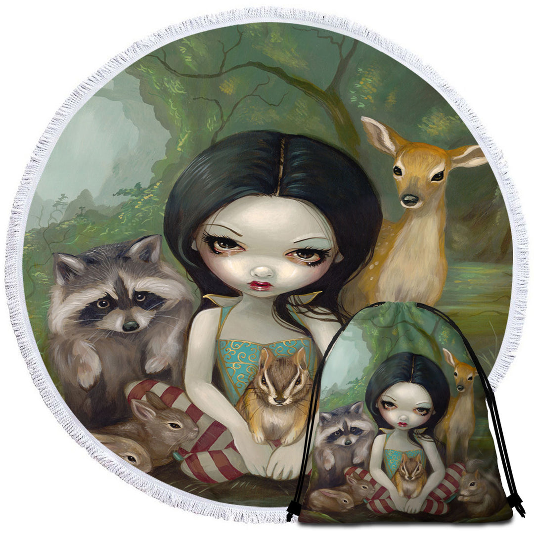 Fairytale Round Beach Towel Forest Snow White and Her Animal Friends