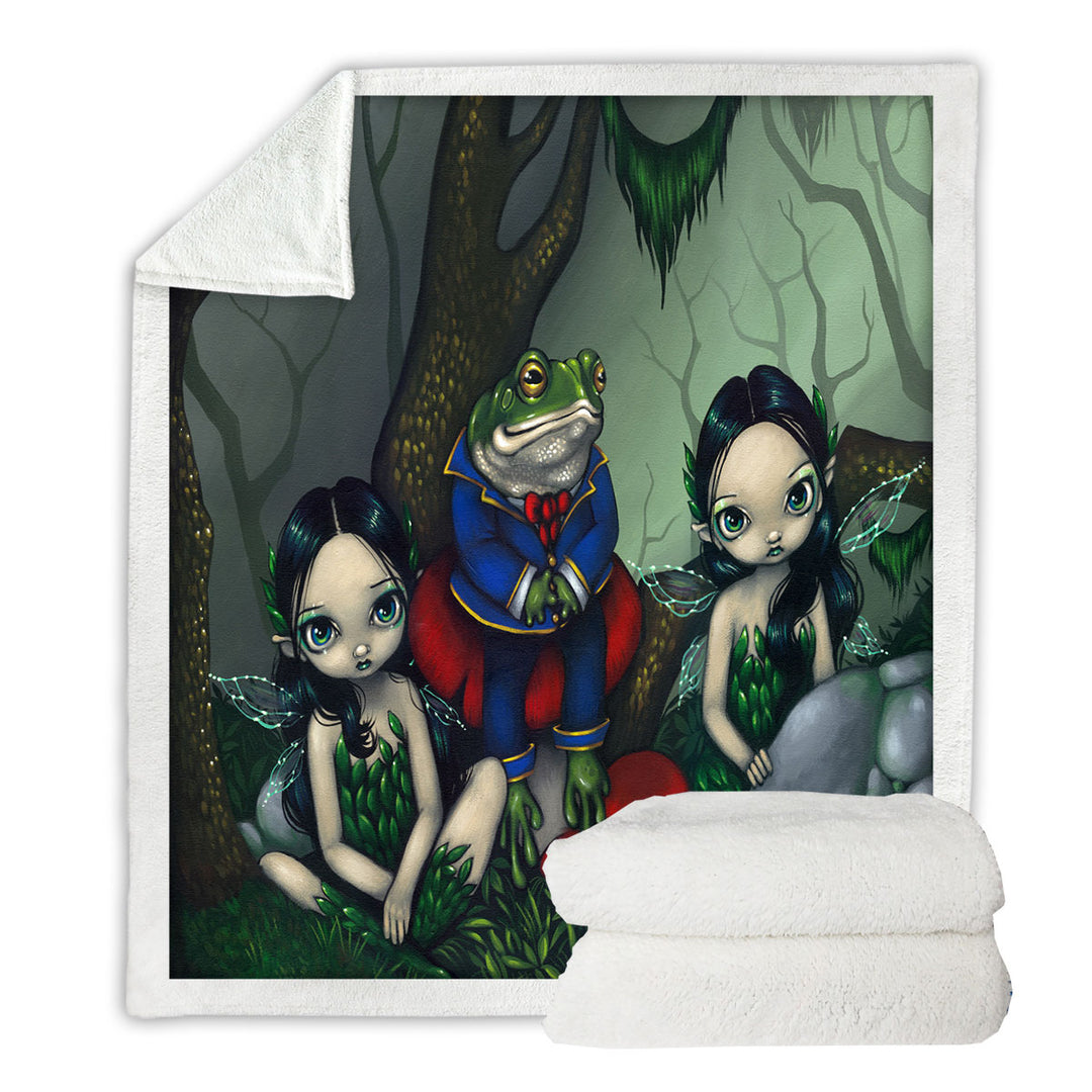 Fairytale Throw Blanket the Handsome Frog and Two Cute Fairies