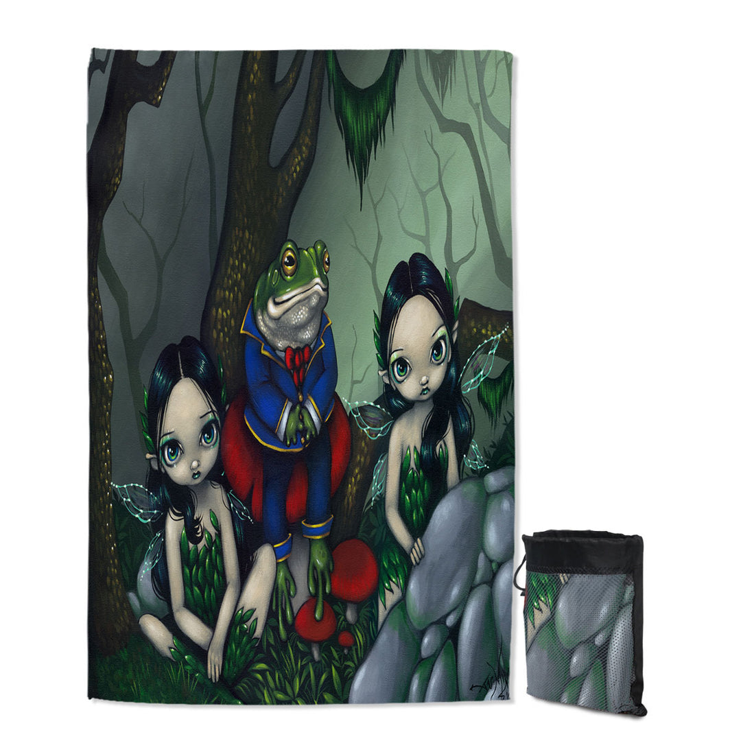 Fairytale Travel Beach Towel the Handsome Frog and Two Cute Fairies