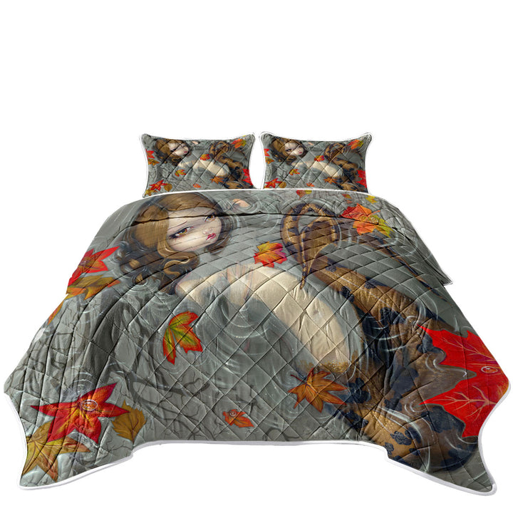 Fantasy Art Autumn Mermaid and Leaves King Size Bedspreads