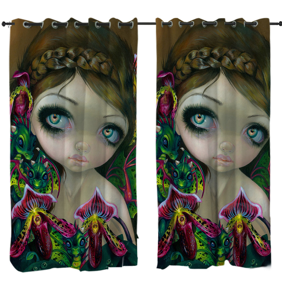 Fantasy Art Beautiful Fairy and Dragon Orchid Eyelet Curtains